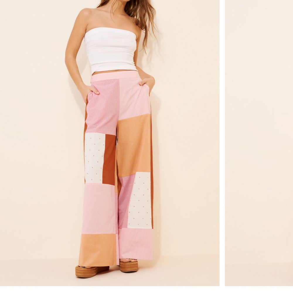 Free People Patchwork Wide-Leg Pants in Pink and Tan